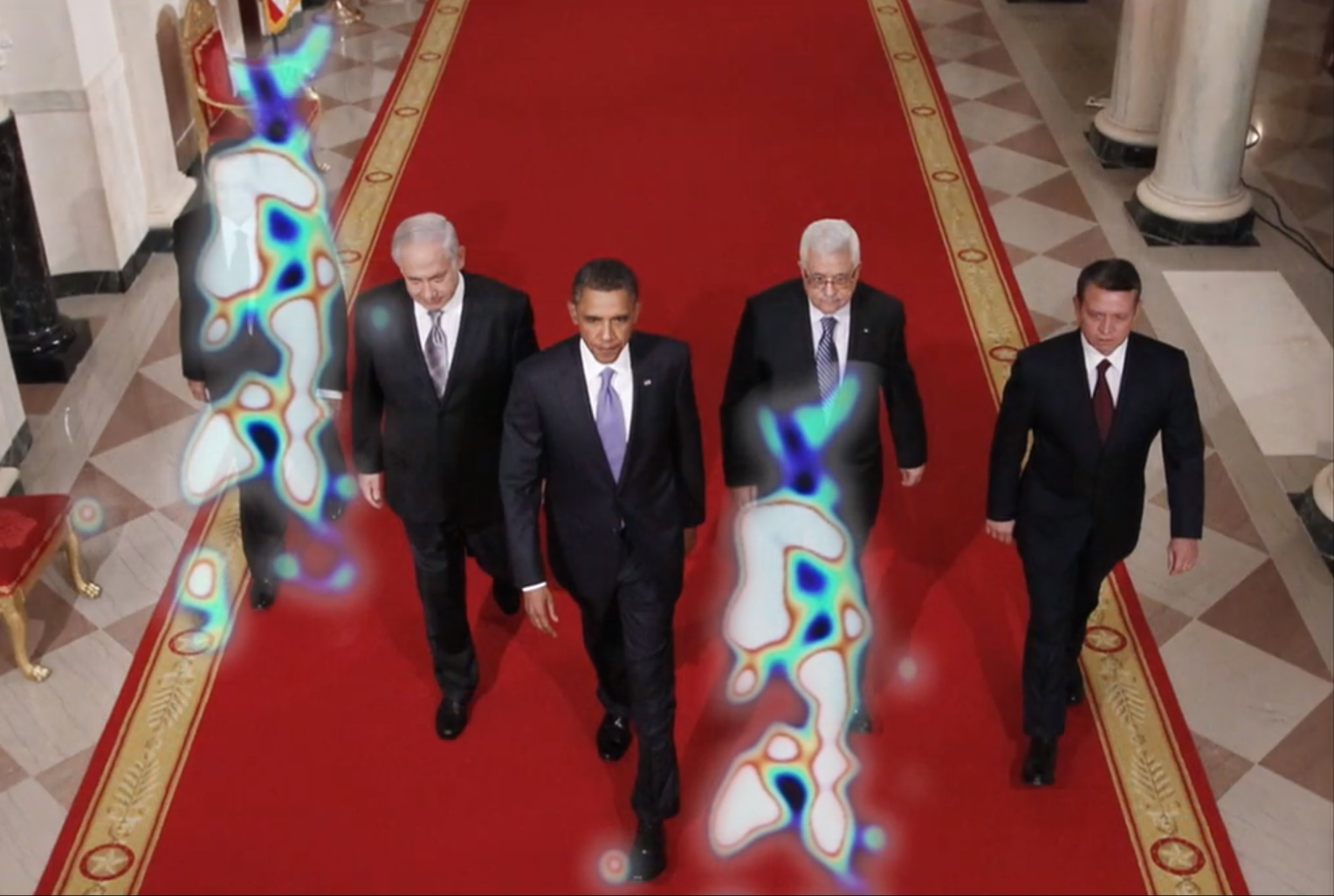 vier Politiker auf dem roten Teppich, zwei Bildstörungen, Barack Obama, Benjamin Netanjahu