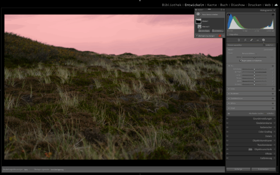 Ein Foto von grasbewachsenen Sanddünen unter einem rosafarbenen Himmel wird in Adobe Lightroom angezeigt, wobei die Bearbeitungsfelder und das Histogramm auf der rechten Seite des Bildschirms sichtbar sind. (KI generierte Beschreibung)
